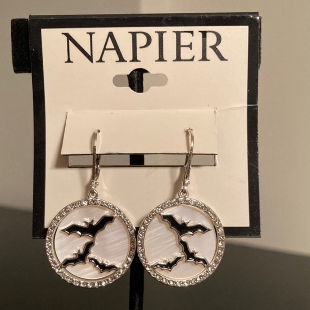 Napier Silver and White Bat Motif Earrings